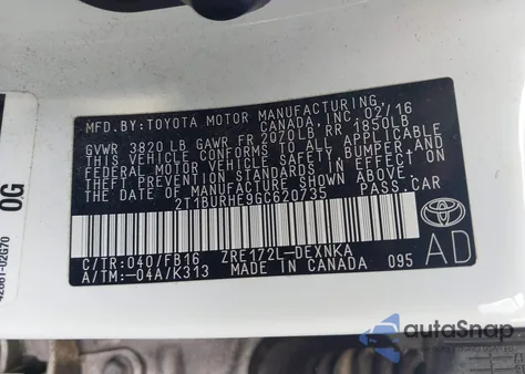 2016 Toyota Corolla Le z USA, uszkodzony, nr VIN 2T1BURHE9GC620735